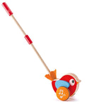 Introducing Hape Lilly Musical Push Along, part of the PEPE & FRIENDS collection by Hape. Ideal for ages 12 months and up, this vibrant wooden toy features a red body, blue wings, yellow accents, and an orange beak embellished with musical notes. Perfect for helping toddlers learn to walk, it comes equipped with a sturdy wooden stick featuring a red handle for easy pushing.