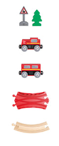 The Hape Play Essentials Classic Figure 8 Set by Hape includes a red locomotive, a red train car, two red curved tracks, a wooden curved track, a traffic sign, and a green tree. This set is perfect for those seeking the ultimate railway experience.