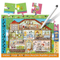 The HeadU Brain Trainer Puzzle by HeadU is a colorful, educational toy that depicts a busy house with multiple rooms and activities. The puzzle pieces showcase various scenes and characters, with some pieces marked with black Xs. To the right of the puzzle, there is a white dry-erase marker, making it an engaging observation game for kids.