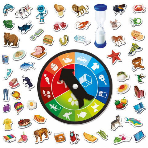 The HeadU Observaction from HeadU features a vibrant spinner surrounded by an assortment of illustrated stickers, showcasing animals, foods, and objects like a bear, hamburger, hourglass, starfish, and bicycle. The spinner is divided into various colored sections representing different categories designed to test reflexes and observation skills.