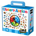 A blue and white box contains the HeadU Observaction game by HeadU, designed for ages 5-12. The box features colorful images of various objects, animals, and foods surrounding a wheel with different sections. This engaging game helps develop observation skills and reflexes. There's a carrying handle on top for portability.