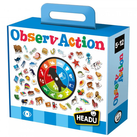 A blue and white box contains the HeadU Observaction game by HeadU, designed for ages 5-12. The box features colorful images of various objects, animals, and foods surrounding a wheel with different sections. This engaging game helps develop observation skills and reflexes. There's a carrying handle on top for portability.