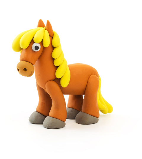 A playful and whimsical horse figurine crafted from the vibrant orange and yellow colors of Hey Clay 15 pack - Animals stands against a white background. This adorable, cartoon-like creation features large, expressive eyes, a bright yellow mane and tail, and gray hooves, making it perfect for play-based learning.