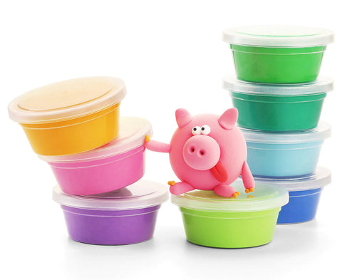 Stacked beside a pink, clay, pig-shaped figurine from the Hey Clay 15 pack - Animals by Hey Clay are colorful plastic containers with lids. These containers come in various vibrant colors such as yellow, pink, purple, green, blue, and teal. The pig figurine seems to be gripping one of the stacks as if it were participating in a play-based learning activity using Hey Clay.