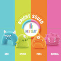 A promotional image for Hey Clay Bright Squad - Individual Cans from Hey Clay showcasing the "Bright Squad." The image features four vibrant clay characters: Arc (blue with horns), Spook (green with spots), Fafa (orange with one eye), and Burbal (pink with spikes). Simply follow the sculpting instructions provided in the brightly colored sections of the background as your creations air dry.