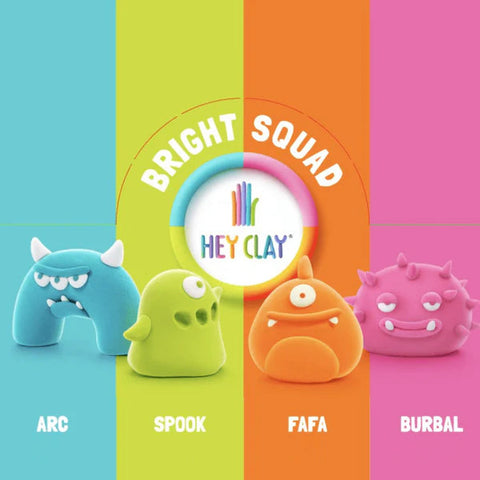 A promotional image for Hey Clay Bright Squad - Individual Cans from Hey Clay showcasing the "Bright Squad." The image features four vibrant clay characters: Arc (blue with horns), Spook (green with spots), Fafa (orange with one eye), and Burbal (pink with spikes). Simply follow the sculpting instructions provided in the brightly colored sections of the background as your creations air dry.