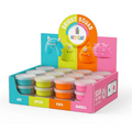 The Hey Clay Bright Squad display box features individual cans of Hey Clay brand modeling clay. The packaging is divided into sections labeled Arc, Spook, Fafa, and Burbal, each showcasing a small creature model with corresponding clay containers underneath. It boasts colorful packaging complete with sculpting instructions and a QR code on the right side.