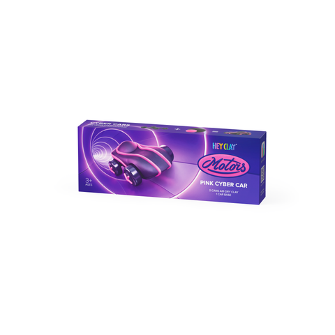 A rectangular box labeled "Hey Clay Cyber Car - Pink" from Hey Clay features a futuristic, pink and black cyber car with glowing purple accents. Suitable for ages 3 and up, the packaging is primarily purple with whimsical design elements. Use the Hey Clay APP to customize your creation as the clay air dries!