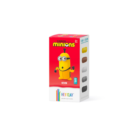 The HEY CLAY Single Pack Minions - Kevin by Hey Clay is displayed, showing a box with an image of the yellow Minion character named Kevin against a red background. This Minions-themed activity set includes clay colors such as white, yellow, black, brown, and gray—ideal for enhancing fine motor skills with its soft modeling clay.