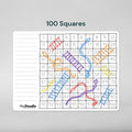 A large rectangular mat featuring a "Snakes and Ladders" grid with 100 numbered squares. Colorful snakes and ladders are scattered across the reusable Hey Doodle Silicone Activity Mat - 100 Squares, with the title "100 Squares" above and the brand name "HeyDoodle" at the bottom left. Perfect for creative games and a fun math teaching aid.