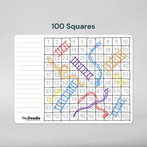 A large rectangular mat featuring a "Snakes and Ladders" grid with 100 numbered squares. Colorful snakes and ladders are scattered across the reusable Hey Doodle Silicone Activity Mat - 100 Squares, with the title "100 Squares" above and the brand name "HeyDoodle" at the bottom left. Perfect for creative games and a fun math teaching aid.