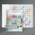 Displayed is the Hey Doodle Silicone Activity Mat - 100 Squares (Large), along with a set of colorful markers. The reusable silicone mat, ideal for creative games and as a math teaching aid, features some squares filled with numbers and shapes in various colors. The packaging is branded "Hey Doodle" and labeled "Reusable Silicone Mat 100 Squares.