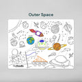 The Hey Doodle Silicone Playmat - Outer Space (Large) features various space-themed illustrations, including astronauts, planets, a rocket, a spaceship, and space equipment. This reusable silicone mat offers open-ended drawing prompts with some elements already colored and others left for coloring. The label "Hey Doodle" is at the bottom.