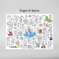 The Hey Doodle Silicone Playmat - Sugar & Spice (Large) is a children's activity placemat featuring intricate black-and-white designs with numbered doodles to find, including a castle, fairies, unicorns, mermaids, and flowers. This product from Hey Doodle has some colored elements and can be brought to life with coloring markers on its reusable silicone surface.