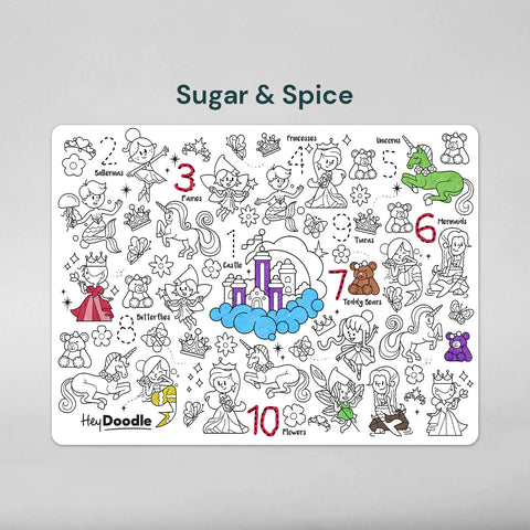 The Hey Doodle Silicone Playmat - Sugar & Spice (Large) is a children's activity placemat featuring intricate black-and-white designs with numbered doodles to find, including a castle, fairies, unicorns, mermaids, and flowers. This product from Hey Doodle has some colored elements and can be brought to life with coloring markers on its reusable silicone surface.