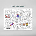 The Hey Doodle Silicone Playmat - Toot Toot Honk (Large) from Hey Doodle is a colorful educational playmat for children that features a variety of labeled vehicles such as a fire engine, bus, ambulance, rocket, and train. Illustrated with playful details, it encourages learning and imagination—perfect for reinforcing alphabets when paired with other HeyDoodle mats or reusable silicone mats.