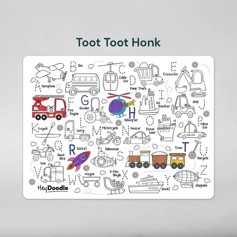 The Hey Doodle Silicone Playmat - Toot Toot Honk (Large) from Hey Doodle is a colorful educational playmat for children that features a variety of labeled vehicles such as a fire engine, bus, ambulance, rocket, and train. Illustrated with playful details, it encourages learning and imagination—perfect for reinforcing alphabets when paired with other HeyDoodle mats or reusable silicone mats.