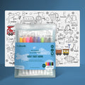 The Hey Doodle Silicone Playmat - Toot Toot Honk (Large) is a reusable mat featuring various outlined drawings of transportation modes like cars, planes, and ships. The package includes colorful markers for endless creativity. The product name "Toot Toot Honk" and brand "Hey Doodle" are prominently displayed on the front of the packaging—perfect for learning alphabets.