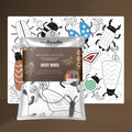 The image displays the packaging for the Hey Doodle Silicone Sensory Mat - Busy Bugs (Large) by Hey Doodle. The transparent wrapping reveals a portion of the mat, which features black line drawings of insects and geometric shapes, accompanied by a set of six colored markers, ideal for improving fine motor skills.