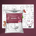 Hey Doodle Silicone Sensory Mat - Wild Digits (Large) by Hey Doodle features a delightful "Wild Digits" theme, illustrating numbers and animals in a black outline. Designed to be colored in for an engaging activity, it helps improve fine motor skills. The packaging includes a detailed drawing and a set of colored pencils to complete the pictures.