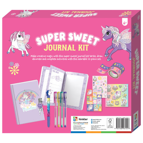 The Hinkler Journal Kit - Super Sweet, from the brand Hinkler, comes in a pink box adorned with illustrated unicorns and hearts. It includes a lockable journal, colored pens, stickers, and decorative tape. Suitable for ages 6+, it offers creative activities such as writing, drawing with your unicorn pen, and decorating.