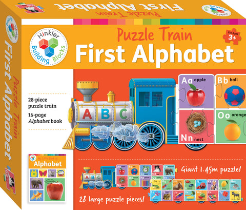 The image showcases a colorful box for the "Hinkler Puzzle Train - First Alphabet," an alphabet puzzle ideal for early learning and suitable for ages 3+. It features illustrations of a train with alphabet blocks, including the letters A, B, and N, along with corresponding images of an apple, ball, and nest. The set includes 28 pieces and a 16-page book.