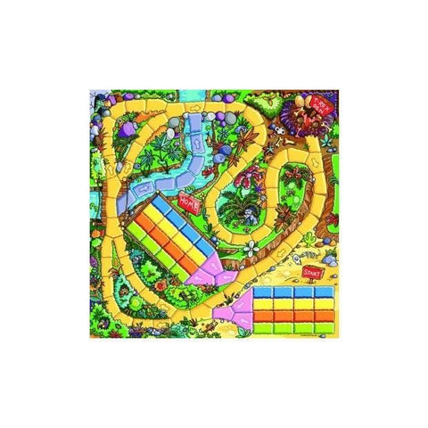 The Holdson Tyrannosaurus Rex Game by Holdson is a colorful, illustrated dinosaur board game featuring interconnected winding paths in green, blue, yellow, and purple. These paths are encircled by lush greenery, flowers, and small creatures. Designed for ages 6 and up, the strategy game begins at the bottom right with a "Start" sign and concludes near the center at "Home.