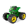 The John Deere Monster Treads All-Terrain Tractor toy, branded by John Deere, features an eye-catching green and black design with oversized yellow-rimmed wheels. Its rugged agricultural build mimics a real tractor, equipped for all-terrain play. The elevated body and large treads on the wheels make it ideal for off-road adventures.