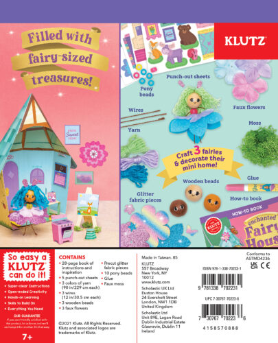 The image displays the back cover of a Klutz Enchanted Fairy House craft kit by KLUTZ. This whimsical kit provides materials to create fairy-themed decorations such as mini homes, faux flowers, wooden beads, a fairy-sized storybook, and various other decorations. The vibrant packaging is intended for children aged 7 and above.