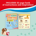 A 32-page instruction and inspiration book from Klutz Mini Clay World: Puppy Treat Truck is open, featuring step-by-step guides for making a corn dog and a pawperoni pizza. The background showcases red and blue colors with dog paw prints, while a small clay puppy figure holding a drink is positioned in the lower-left corner.