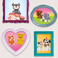 A collection of four frames depicting adorable clay puppies and kittens, featuring the Klutz Mini Clay World: Puppy Treat Truck by Klutz. The frames come in various shapes and colors, including a rectangular purple frame, an oval blue frame, a heart-shaped white frame, and a rectangular turquoise frame.