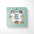 The "Kuwi Ngā Kare ā-Roto - Feelings Board Book" by Kat Quin and Pānia Papa, from the brand KUWI THE KIWI, is a bilingual children's book. Its cover features an array of diverse children's faces showcasing different emotions, all set around a white book illustration on a light blue background. This board book encourages learning the Māori language.