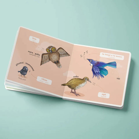 A bilingual children's book from KUWI THE KIWI, titled "Kuwi Ngā Manu Māori - Native Birds Board Book," lies open on a teal surface. On the left page, an owl labeled "ruru / pueho (morepork / owl)" and a black robin labeled "tītitipounamu (rifleman)" are depicted. The right page features illustrations of a weka and a tūī bird singing.