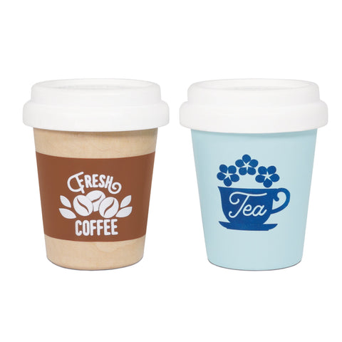 Introducing the Le Toy Van Eco Cups - Tea & Coffee by LE TOY VAN: two reusable Eco Cups with white lids. The left cup is brown, featuring a charming "Fresh Coffee" design and three coffee beans on a white background. The right cup is light blue, adorned with a dark blue teacup containing delicate blue flowers and the word "Tea." Perfect for sustainability enthusiasts or imaginary play!