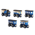 The Le Toy Van Twilight Train wooden toy set, crafted by LE TOY VAN, features a classic locomotive accompanied by four carriages. Each piece is made from sustainable rubberwood and showcases a blue finish with light wood detailing, adorned with various white and yellow designs such as windows and clocks. The train set is completed with black wheels and exudes a charming vintage aesthetic.