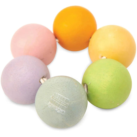 The Le Toy Van Wooden Beads by LE TOY VAN is a circular arrangement of six large, colorful wooden teething beads connected by a string. Made from sustainable rubberwood, the beads are featured in pastel shades of pink, yellow, orange, green, blue, and purple. One bead displays a faint white image of a bus. This baby-safe toy ensures both fun and safety.