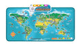 An interactive world map for kids is labeled "Leapfrog Touch & Learn World Map" by Leapfrog, featuring pictures and icons representing animals and landmarks across different continents. This educational toy has colorful buttons at the top and an illustrated legend at the bottom for various map symbols.