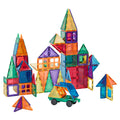 The Learn & Grow Rainbow Magnetic Tiles Builders Pack 110pc, produced by Learn & Grow, features a collection of multicolored magnetic tiles that can be arranged into various structures, such as houses and towers. This product promotes STEM skills while helping to build fine and gross motor skills. Additionally, the pack includes a small green and blue toy car with a roof made from the tiles, which come in geometric shapes like squares, triangles, and rectangles.