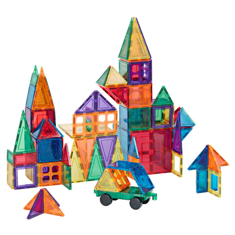 The Learn & Grow Rainbow Magnetic Tiles Builders Pack 110pc, produced by Learn & Grow, features a collection of multicolored magnetic tiles that can be arranged into various structures, such as houses and towers. This product promotes STEM skills while helping to build fine and gross motor skills. Additionally, the pack includes a small green and blue toy car with a roof made from the tiles, which come in geometric shapes like squares, triangles, and rectangles.