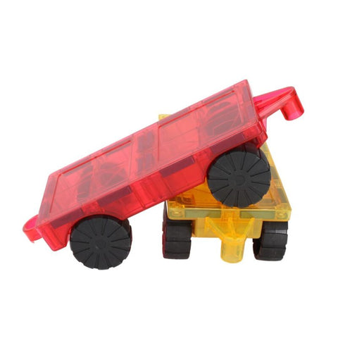 Two Learn & Grow Rainbow Magnetic Tiles Car Bases, made of transparent plastic, are stacked on top of each other. The top car base is red with black wheels, while the bottom car base is yellow with black wheels. The red car base is tilted diagonally, partially resting on the yellow car base, promoting STEM skills through vehicle construction play.