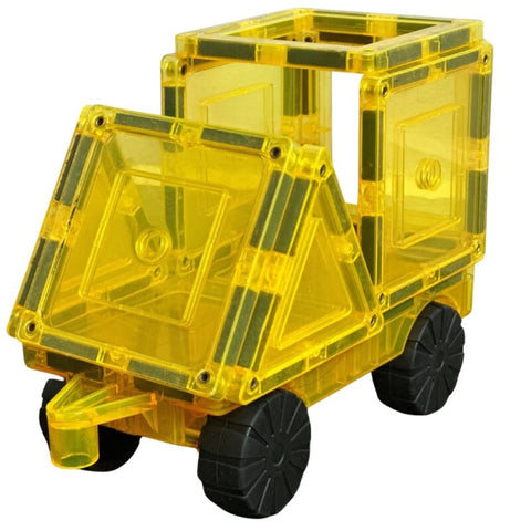 A model of a yellow toy vehicle constructed using the Learn & Grow Rainbow Magnetic Tiles Car Base Pack 2pc. The vehicle features a slanted front, a rectangular body, and is mounted on four black wheels. Perfect for enhancing STEM skills through creative vehicle construction.