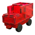 A toy truck made from translucent red plastic building blocks, featuring black plastic wheels. Both the bed and cabin of the truck are open, showcasing its modular design, which is compatible with the Learn & Grow Rainbow Magnetic Tiles Car Base Pack 2pc for enhanced vehicle construction that promotes STEM skills.