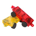 Two transparent plastic toy cars from the Learn & Grow Rainbow Magnetic Tiles Car Base Pack 2pc, one red and one yellow with black wheels, are stacked at an angle. The yellow car sits on the bottom while the red car is diagonally positioned on top. These vibrant vehicles from Learn & Grow enhance STEM skills through vehicle construction.