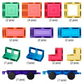 The Learn & Grow Rainbow Magnetic Tiles Car Expansion Pack 28pc by Learn & Grow showcases an assortment of colorful, magnetic building block pieces. Included are square and rectangular pieces in green, orange, red, yellow, purple, blue, and transparent colors in various quantities. Additionally, the pack features blue and purple wheel pieces equipped with rubber wheels for added functionality.