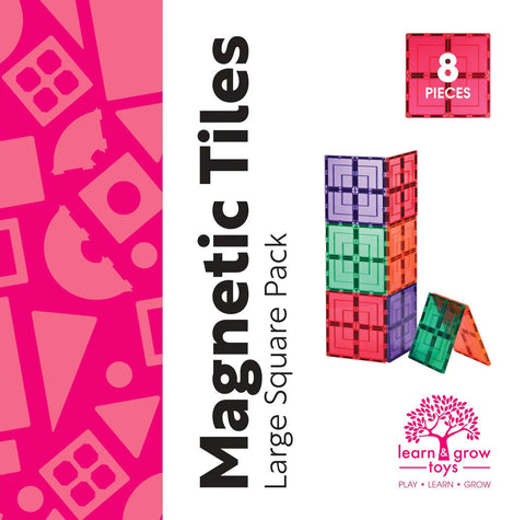 A packaging for "Learn & Grow Rainbow Magnetic Tiles Large Square Pack 8pc set" from Learn & Grow. The box includes 8 colorful magnetic square tiles, offering endless building possibilities. The left side features patterned shapes on a pink background, while the right side shows the brand's logo and tagline "Play - Learn - Grow".