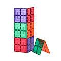 The Learn & Grow Rainbow Magnetic Tiles Large Square Pack 8pc set from Learn & Grow are creatively arranged to form a standing 3x2 tall rectangular structure featuring green, red, orange, and purple sections. Emphasizing the endless building possibilities, two extra magnetic tiles in purple and green are leaned together on the right to form a triangle.