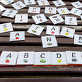 The **Learn & Grow Rainbow Magnetic Tiles Toppers - Alphabet Upper Case Pack 40pc** features flashcards with upper case letters and corresponding images such as A for apple, B for bee, C for car, D for duck, and E for elephant laid out on a wooden surface. Perfect for early literacy instruction, some cards also include illustrations of animals like a pig, snail, and zebra.