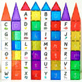 The Learn & Grow Rainbow Magnetic Tiles Toppers - Alphabet Upper Case Pack 40pc creates a vibrant display of magnetic tiles featuring upper-case letters. Each tile includes a corresponding image to support early literacy development. The tiles are organized in six columns, with the set topped by colorful triangular magnetic tile toppers in shades of red, purple, and blue.