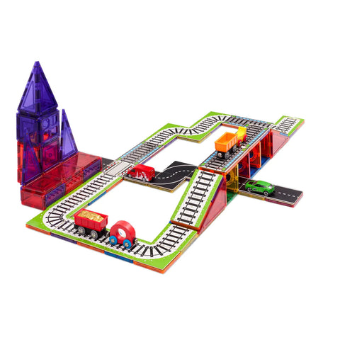 The Learn & Grow Rainbow Magnetic Tiles Toppers - Train Pack 36pc is a vibrant and engaging set that includes a detailed track layout featuring bridges, an underpass, and a green road. The set comes with a red train engine and cars for the tracks, along with a green toy car for the road. Additionally, it includes a tall purple and red triangular building structure as a magnetic tile topper, making it an exciting addition to playtime from the trusted brand Learn & Grow.