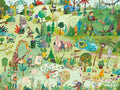 Immerse yourself in a colorful and whimsical illustration of a lush garden filled with various animals, people, and plants. Watch as children play, read books, and explore an imaginative world of nature that includes a giraffe, peacock, bunnies, and more interspersed throughout the vibrant greenery. It's like stepping into the enchanting scene created by MIEREDU's Growth Puzzle level 6 - Nature Imagination (5 years+).